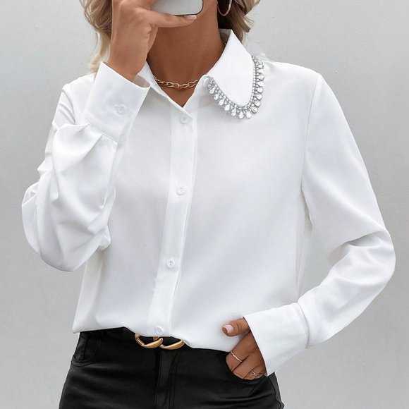 White Preppy Women's Solid Color Shirt With Diamond Decoration - Picture 3 of 5